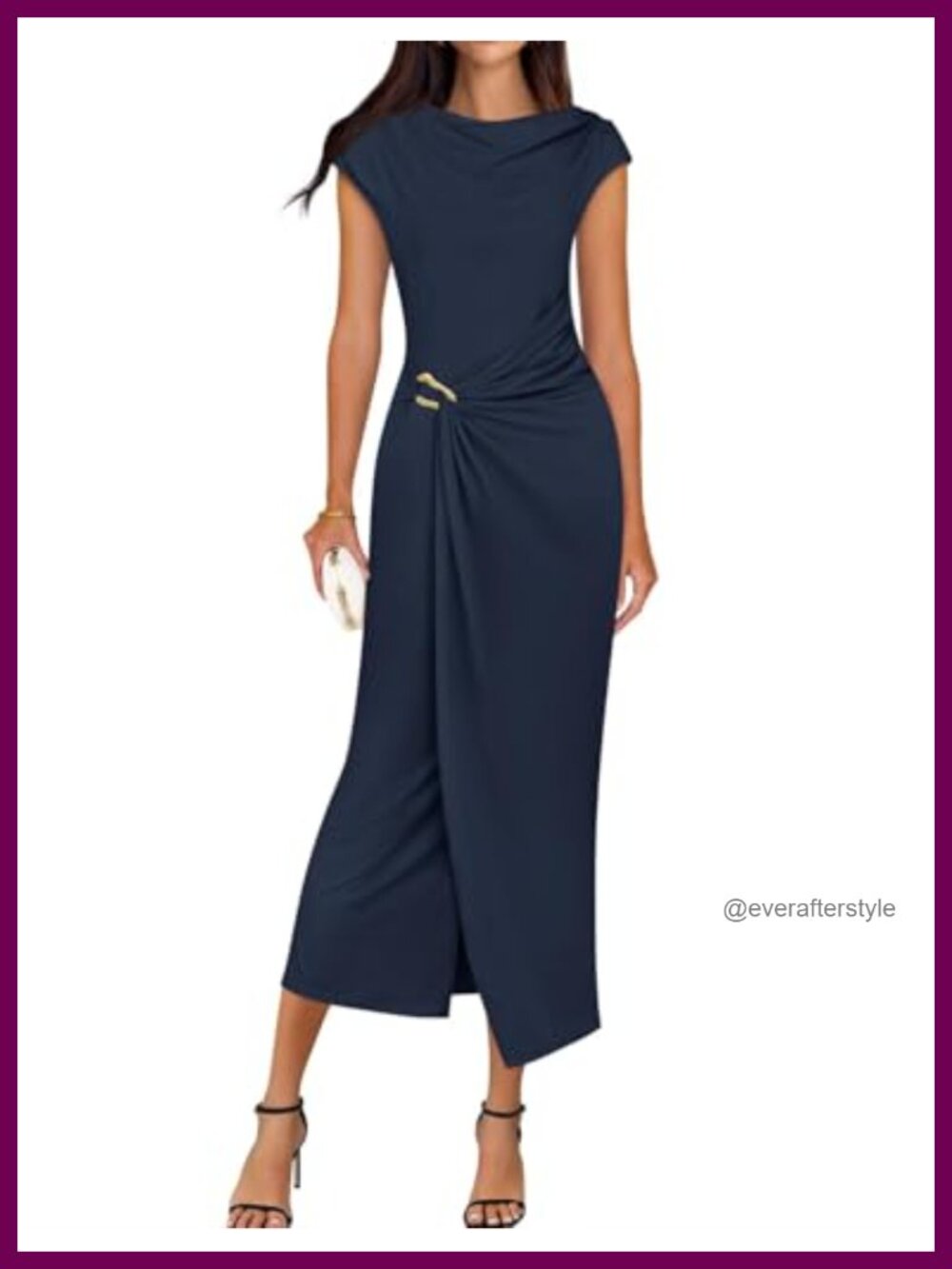 Women's Cap Sleeve Bodycon Mock Neck Slit Midi Dress